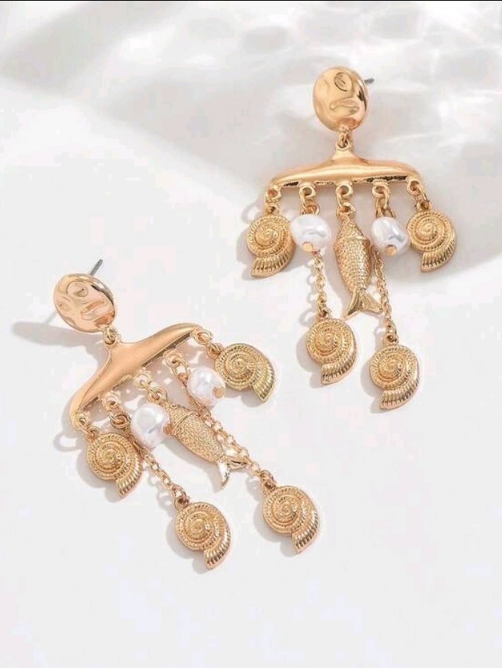 NEW! 14K Gold Plated Sealife & Pearl Dangle Earrings - Women Jewelry - Picture 4 of 5